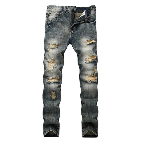 Streetwear Mens Jeans rasgados Pantalones de mezclilla Hole Ruined Biker de alta calidad Patch recto de alta calidad Talla 40 42 240417