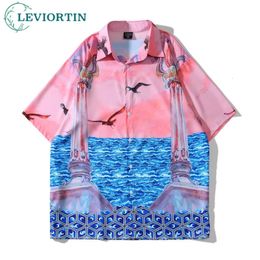 Streetwear Heren Sociale feesten Blusa Camisa Masculina Pink Sea Mew print Men Shirt Korte mouw Summer Hawaii Holiday Beach Shirt 240430