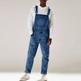 Streetwear hommes couleur unie multi-poches Denim salopette décontracté quotidien Denim combinaison mode mâle jarretelle pantalons longs 240301
