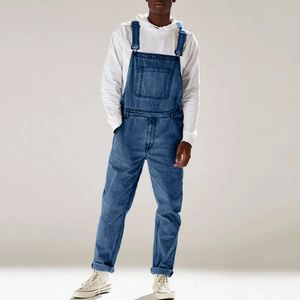 Streetwear Heren Effen Kleur Multi-pocket Denim Bib Overalls Casual Dagelijks Denim Jumpsuit Mode Mannelijke Jarretel Lange Broek 240301