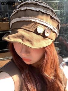 Streetwear Olive Green Punk Hat Harajuku Style Patchwork Fashion Simple Hats Spring Herfst Grunge Y2K Aesthetic Button Cap 240509