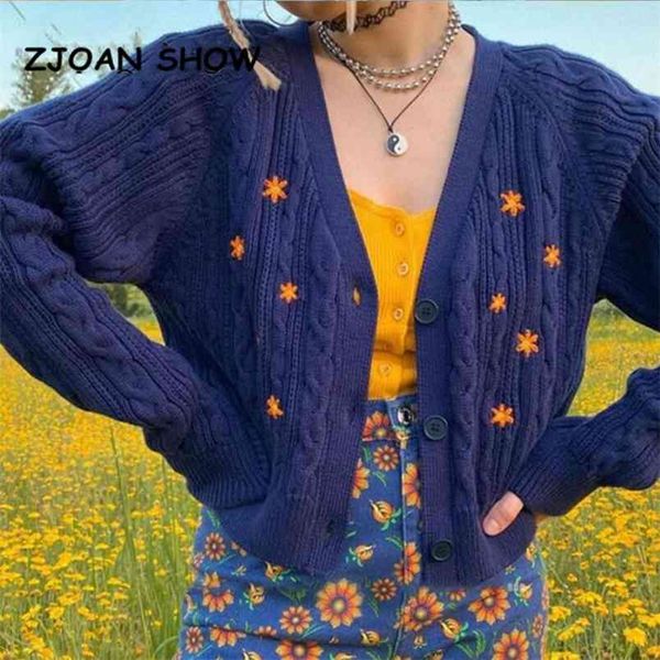 Streetwear Orange Daisy Broderie Tricoté Cardigan Vintage Bleu Marine Twist Pull Punk pull Corée Vêtements Femmes Tricot kardigan 210429