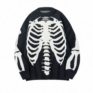 Streetwear surdimensionné pulls tricotés hommes Vintage Skelet être imprimé Hip Hop Harajuku Patchwork pull décontracté unisexe noir Z7Ox #