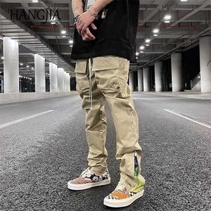 Streetwear Patchwork Anacardo Estampado de flores Pantalones cargo Hombres Mujeres Hip Hop Bolsillo funcional Cremallera lateral Pantalón cargo Negro Caqui 211119