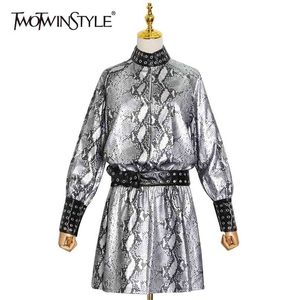 Streetwear Printed Women Dress Stand Collar Lange Mouw Hol Casual Jurken Vrouwelijke Mode Kleding 210520
