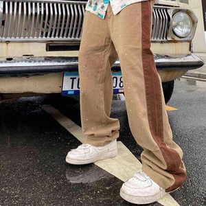 Streetwear Retro Painted Color Match Mens Cargos Harajuku Straight Patchwork Loose Hip Hop overalls Oversized casual broek T220803