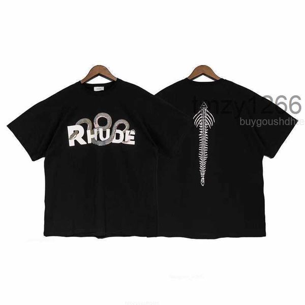 Camiseta Rhude de manga corta con estampado de serpiente para hombre y mujer, ropa de calle, camisetas con hueso en la espalda de alta calidad, Tops 9WPC