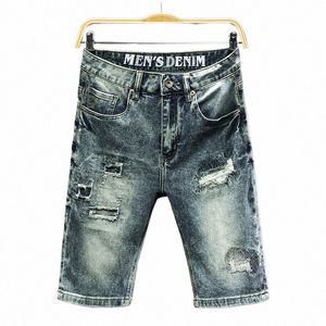 Streetwear déchiré élastique mâle pantalon court Fi trou Denim Shorts hommes Hip Hop Jeans décontracté Stretch Vintage court C4NC #