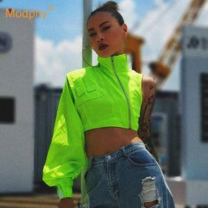 Streetwear Short Women's Jacket Stand Collar Lantern Sleeve Eén schouder Asymmetrical Front Rits Jas Vrouw 2019 Fashion NIEUW