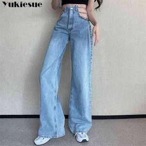 Streetwear Side Cross Chain Hollow Out Wide-Leg Dames Jeans Hoge Taille Broek Sexy Elegante Dames Europa Mode Vrouw 210922