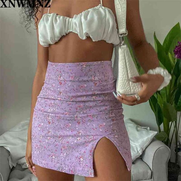 Streetwear Slim Sexy Purple Floral Print Mujeres A-line mini falda de cintura alta faldas a cuadros ella en mujeres Falda corta dividida za 210724