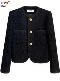 Streetwear Slim Tweed noir vestes courtes Vintage Oneck simple boutonnage élégant survêtement femmes tempérament à manches longues manteaux 240109