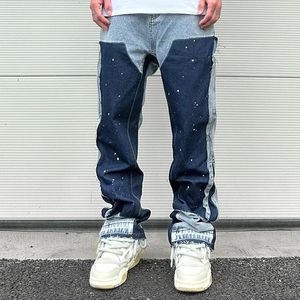 Streetwear Speckled Ink Color Match Y2K Baggy Jeans for Men Patchwork Rage Fringe Micro Denim Trousers Oversized Loose Cargos 240325