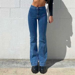 Streetwear rayé bleu Chic Flare Jeans pour filles mode féminine Vintage Denim pantalon femmes taille haute pantalon s 211129
