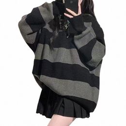 Streetwear Pull rayé Femmes Pulls tricotés surdimensionnés Harajuku Coréen Lâche Tricots Hiver Fi Casual Jumpers Nouveau B8xA #