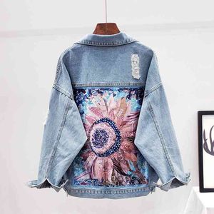 Streetwear Style Print Dames Denim Jas Jas Diamanten Gat BF Jeans Uitloper Vrouwelijke Lente Herfst Casual Losse Cowboy Uitloper 210602