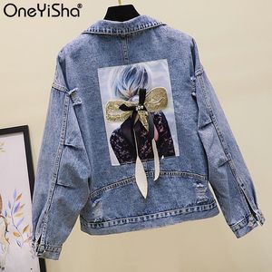 Veste en jean pour femmes de style streetwear imprimé à manches longues veste en jean lâche bombardier manteau ladys printemps automne trou femme vêtements d'extérieur 201017