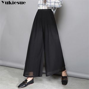 Streetwear zomer geplooide vrouwen broek vrouwelijke hoge taille chiffon wide been broek capris voor vrouwen broek vrouw plus maat 210412