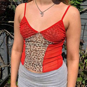 Streetwear Summer Vintage Leopard Print Patchwork Sexy Red Cami Débardeur Femmes Sans Manches Col V Sexy Femme Crop Top Rapwriter 210415