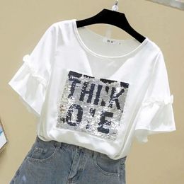 Streetwear Summer Womens Sleeves Sequins LETTER THIRT TEE TEE FIRLOVER TOPS CONCUSTÉ TEES WHITEBLACK S3XL 240410