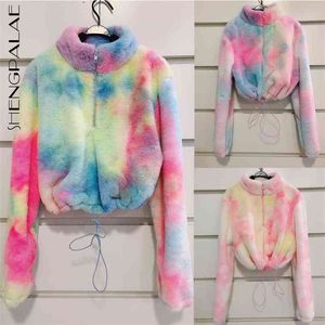 Streetwear Tie Dye kleding Dames lente en herfst stand collor rits lange mouw korte sweatshirt tij 210427