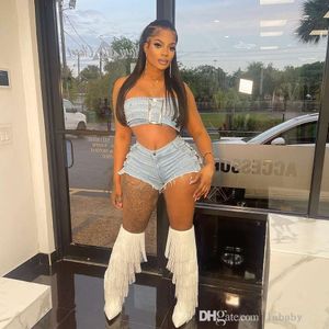 Streetwear Tweede stuk set vrouwen 2024 zomer denim tracksuit sexy mouwloze strapless tops vest en diamant jeans shorts sets voor vrouwelijke outfits