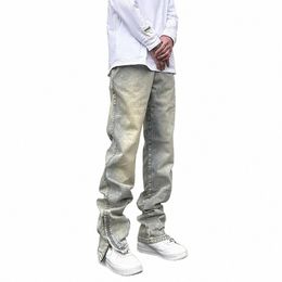 Streetwear Vibe Vintage Distred Wed Pantalon Jeans Jaune Boue Teint Zipper Split Jeans Droits Vêtements Pour Hommes et Femmes 66Wg #