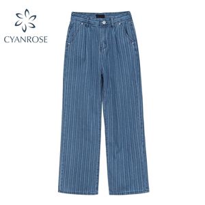 Streetwear Vintage Taille Haute Stripe Straight Denim Pantalon Femme Summer Fashion Blue Wide Leg Jeans Causal Lady Pant 210515