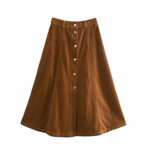 Streetwear femmes marron velours côtelé jupes longues mode dames bouton taille haute jupe élégante femme Chic coton 210427