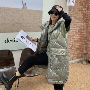 Streetwear Dames Lange Mouwloze Jas Glanzende Dames Winter Gewatteerde Vest Hooded Big Pockets Rits Vest voor Vrouw 211220