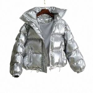 Streetwear Femmes Brillant Noir PU Cuir Puffer Veste Hiver Lâche Bubble Manteaux Lumineux Métallique Sier Cuir Parka Down Manteaux f2Vg #