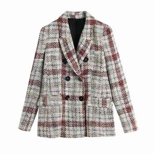 Streetwear femmes Tweed Plaid manteaux mode dames Double boutonnage Blazers Vintage femme Chic col cranté veste 210427