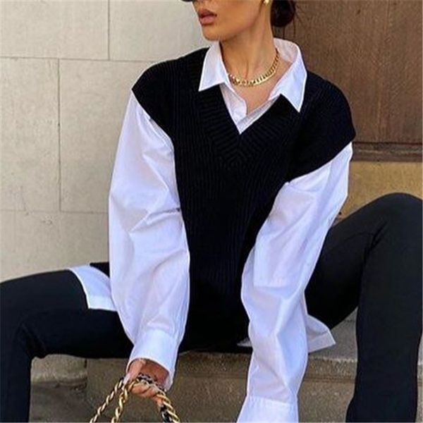 Streetwear mujeres con cuello en v suéteres tanques moda damas sólido tejido chaleco corto elegante femenino chic largo suelto jersey 210430