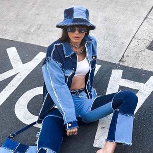Streetwear Dames Vintage Stiksels Casual Set voor Kleur Matching Hoge getailleerde Jeans en Hip Hop Boyfriend Losse Denim Jasje 210515