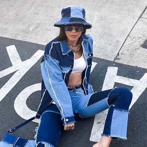 Streetwear femmes Vintage couture ensemble décontracté pour la correspondance des couleurs jean taille haute et Hip Hop petit ami lâche Denim veste 210515