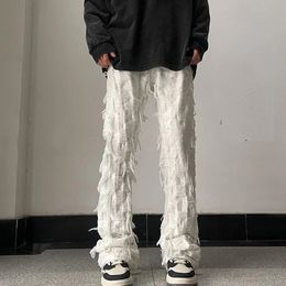 Streetwear Y2K Pild à frange Fringe Baggy Jeans Homme Blanc noir Straight Casual Denim Cantoure
