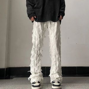 Streetwear Y2K Tassel Finge Hole Jeans Hombres blancos Blancos rectos de mezclilla