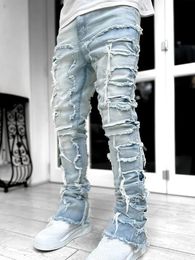 Streetwise Stretch Patch Jeans Voor Mannen Bodem Baggy Herenkleding Zomer Effen Mode Midden Taille Patchwork Lange Broek Mannelijke 231228
