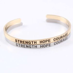 STRENGTH HOPE COURAGE Bracelet manchette ouvert en acier inoxydable gravé 4 mm