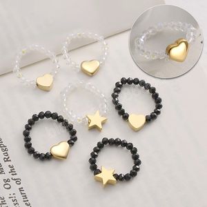 Anillo de cuentas elásticas, anillos de corazón de estrella dorada de acero inoxidable dulce para mujer, cuerda elástica, anillo de dedo ajustable, joyería de moda