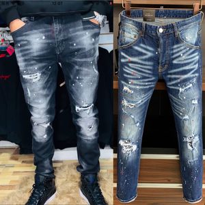 Blue Jeans Hommes Patchwork Patchs Point Détail Élastique Dommage Denim Pantalon Déchiré Effet Cowboy Pantalon