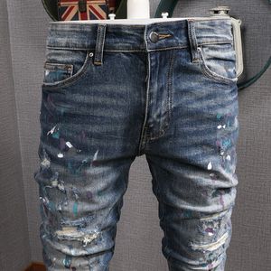 Stretch ontwerp denim jeans fietser geschikt voor heren slanke geschilderde patch trim been cowboybroek mannelijk 5vru