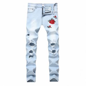 Stretch Geborduurde Jeans Voor Mannen Elastische Fr Jeans Mannelijke Slanke Denim Broek Gat Gescheurd Rose Patroon Jeans Pantal f1Dk #