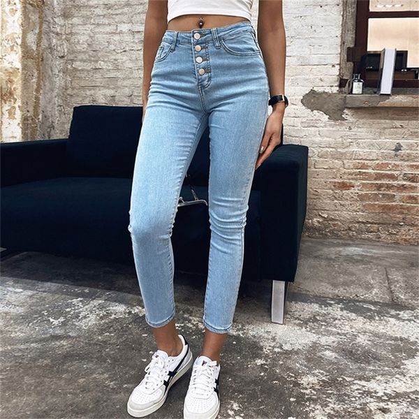Stretch taille haute Jeans femmes nouveau Skinny Slim mode Denim crayon pantalon en plastique taille levage neuvième pantalon 201223