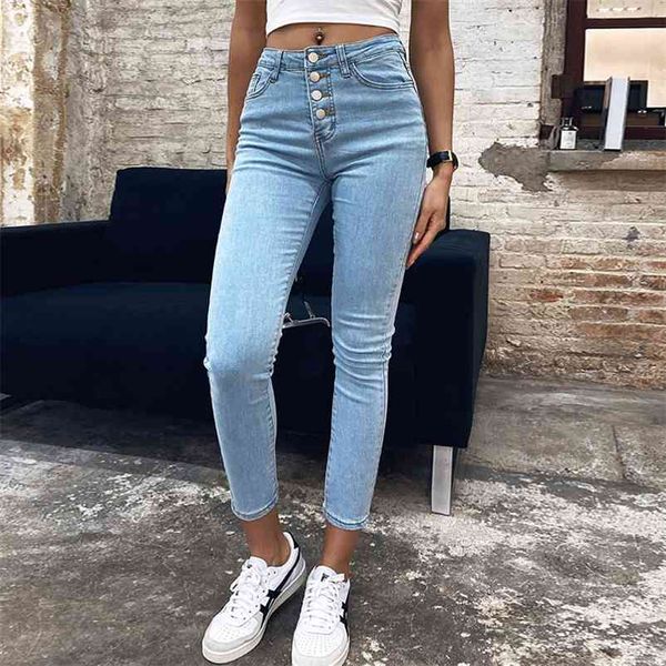 Stretch taille haute jean femmes nouveau maigre mince mode lavé Denim crayon pantalon en plastique taille levage neuvième pantalon 210322