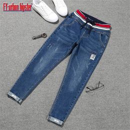 Jeans stretch mujer taille plus pantalons à lacets femmes jeans grande taille denim patch élastique harlan manchette crayon femme jeans femme LJ200811