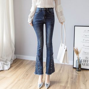 Stretch jeans Damesmode Stretch Jeans Mid Taille Wide Pen Slimming Stretch Denim Flare Bellbottom Tassel Jeans