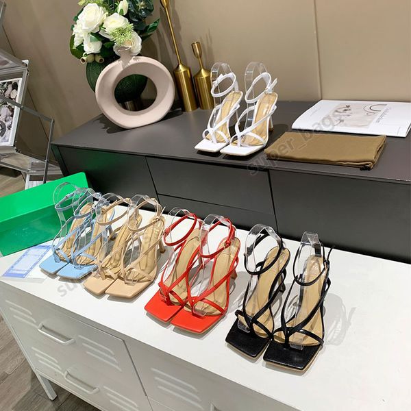 Sandalias de cuero elástico Mujeres Zapatos de boda de tacón alto Diseñadores de lujo Zapatillas Moda de verano Chanclas antideslizantes 35-42