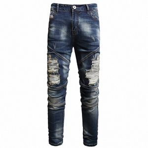 Stretch nostalgische denim jeans heren trendy slank wo geborduurd ontwerp geruïneerd gat fi feestbroek groot formaat 81Hq #
