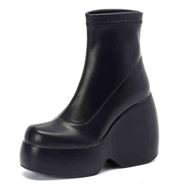 Botines de plataforma gruesa estilo Punk elástico para mujer, zapatos de otoño e invierno, botas cortas de tacón alto para mujer, botas negras para mujer J220805